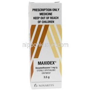 マキシデックス眼軟膏, デキサメタゾン 0.1%, Eye Ointment 3.5g, 製造元：ノバルティス, 箱表面