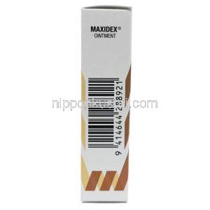 マキシデックス眼軟膏, デキサメタゾン 0.1%, Eye Ointment 3.5g, 製造元：ノバルティス, 箱側面2