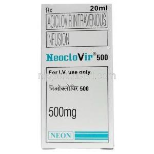 ネオクロビル 静脈注射, アシクロビル 500 mg, 静脈注射 20 mL,製造元： Neon Laboratories,, 箱表面