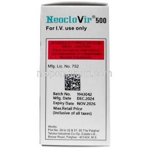 ネオクロビル 静脈注射, アシクロビル 500 mg, 静脈注射 20 mL,製造元： Neon Laboratories,, 箱情報