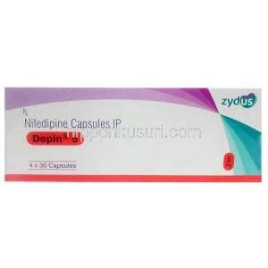 デピン 5, ニフェジピン 5mg, カプセル,製造元： Zydus Cadila, 箱表面