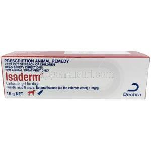 イサダーム犬用ジェル, フシジン酸5mg / ベタメタゾン1mg ジェル 15 g, 製造元：Dermcare-Vet Pty Ltd, 箱表面