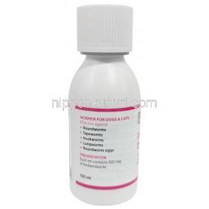 パラゾール犬猫用経口懸濁液, フェンベンダゾール 1mLあたり100mg, 経口懸濁液 100 mL, 製造元：Foran Healthcare Ltd, ボトル情報