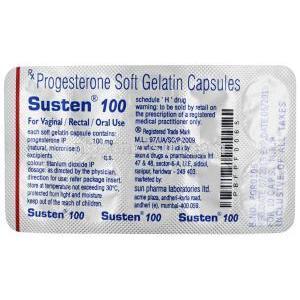 サステン 100, 微粉化天然プロゲステロン 100mg, ソフトゼラチンカプセル,製造元：Sun Pharmaceutical Industries,シート情報(新包装)