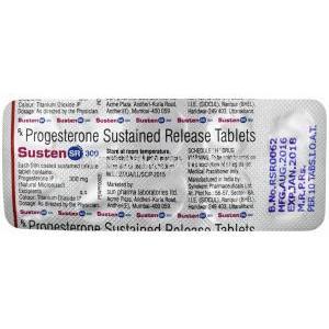 サステン 300, 微粉化天然プロゲステロン 300mg, 徐放性錠,製造元：Sun Pharmaceutical Industries,シート情報