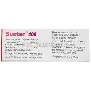 サステン 400, 微粉化天然プロゲステロン 400mg, ソフトゼラチンカプセル,製造元：Sun Pharmaceutical Industries,箱情報