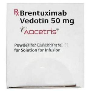 アドセトリス点滴静注用, ブレンツキシマブ ベドチン 50 mg, 1 バイアル (点滴静注用粉末)製造元： Takeda Pharmaceuticals India, 箱表面