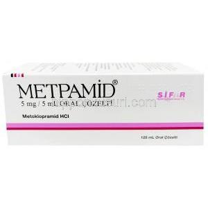 メトパミド シロップ, メトクロプラミド 5mL あたり5mg , シロップ 125mL, 製造元：Sifar,箱表面