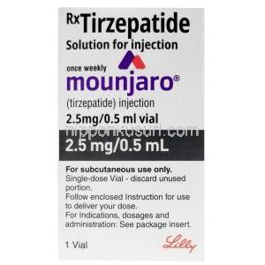 ムンジャロ注射, チルゼパチド 0.5 ｍL あたり2.5 mg, バイアル 0.5 mL,製造元： イーライリリーインド, 箱表面