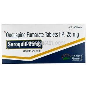 セロキット 25mg, クエチアピン 25 mg, 製造元：Healing Pharma India Pvt Ltd, 箱表面