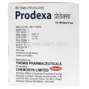 プロデキサ注射, デキサメタゾン 1mLあたり4 mg, 注射バイアル 2 mL X 50本, 製造元： Themis Pharmaceuticals, 箱情報