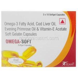 オメガソフト, 10 カプセル（ソフトゼラチンカプセル), 製造元： Knoll Healthcare Pvt Ltd, 箱表面