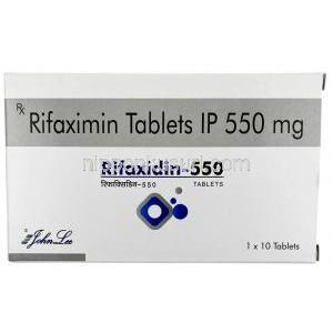 リファキシジン, リファキシミン 550 mg, 製造元：Johnlee Pharmaceuticals Pvt Ltd, 箱表面