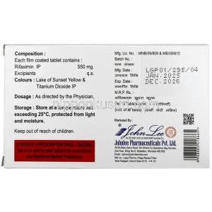 リファキシジン, リファキシミン 550 mg, 製造元：Johnlee Pharmaceuticals Pvt Ltd, 箱情報