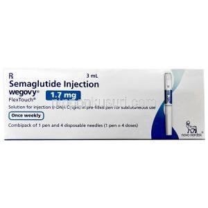 ウゴービ, セマグルチド 0.5 mg, ペン型注射 (コンビパック)  4回分, 1.5 mL, 製造元：ノボノルディスクファーマインド, 箱表面
