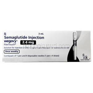 ウゴービ, セマグルチド 2.4 mg, ペン型注射 (コンビパック)  4回分, 3 mL, 製造元：ノボノルディスクファーマインド, 箱表面