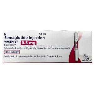 ウゴービ, セマグルチド 0.5 mg, ペン型注射 (コンビパック)  4回分, 1.5 mL, 製造元：ノボノルディスクファーマインド, 箱表面