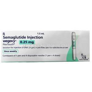 ウゴービ, セマグルチド 0.25 mg, ペン型注射 (コンビパック)  4回分, 1.5 mL, 製造元：ノボノルディスクファーマインド, 箱表面