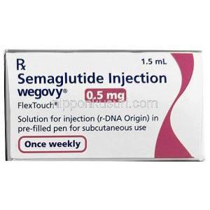 ウゴービ, セマグルチド 0.5 mg, ペン型注射 (コンビパック)  4回分, 1.5 mL, 製造元：ノボノルディスクファーマインド, 箱側面