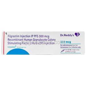 グラスティム 注射, フィルグラスチム 300 mcg, 注射, 製造元：Dr Reddy's Laboratories, 箱表面