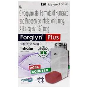 ホルグリンプラス インヘラー, グリコピロニウム 9mcg /フォルモテロール 4.8mcg /ブデソニド 160mcg 120 MD インヘラー（フロンガス不使用）, 製造元：Zydus Healthcare, 箱表面