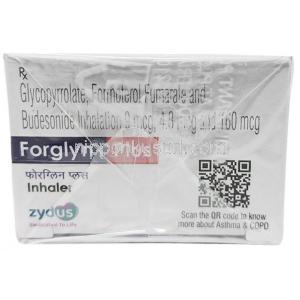 ホルグリンプラス インヘラー, グリコピロニウム 9mcg /フォルモテロール 4.8mcg /ブデソニド 160mcg 120 MD インヘラー（フロンガス不使用）, 製造元：Zydus Healthcare, 箱上面