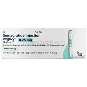 ウゴービ, セマグルチド 0.25 mg, ペン型注射 (コンビパック)  4回分, 1.5 mL, 製造元：ノボノルディスクファーマインド, 箱表面