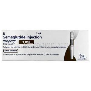 ウゴービ, セマグルチド 1 mg, ペン型注射 (コンビパック)  4回分, 3 mL, 製造元：ノボノルディスクファーマインド, 箱表面