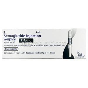 ウゴービ, セマグルチド 2.4 mg, ペン型注射 (コンビパック)  4回分, 3 mL, 製造元：ノボノルディスクファーマインド, 箱表面