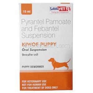 キオフ　子犬用，パモ酸ピランテル 14.4 mg/ml/ フェバンテル 15 mg/ml   子犬用 内服液 15 mL, 製造元：Sava Healthcare, 箱表面（新包装）