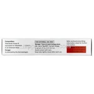 ジャクオート軟膏, トファシチニブ 2%, 軟膏 20 g, 製造元：Eris Oaknet Healthcare Pvt Ltd, 箱情報, 成分, 注意事項