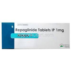 ヒレパ 1, レパグリニド 1 mg, 製造元：Healing Pharma India Pvt Ltd, 箱表面