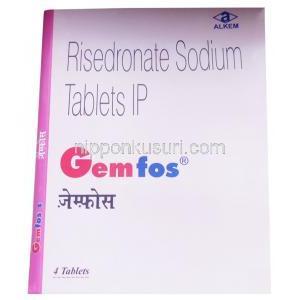 ゲムフォス, リセドロン酸ナトリウム 35 mg, 4 錠, 製造元：Alkem Laboratories Ltd, 箱表面