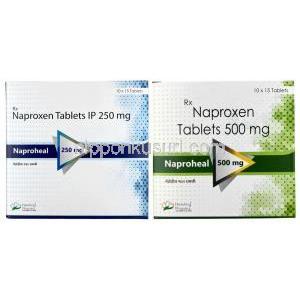 ナプロヒール, ナプロキセン 250 mg, 500 mg, 製造元：Healing Pharma India Pvt Ltd, 箱表面