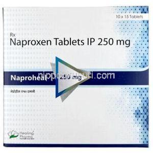 ナプロヒール, ナプロキセン 250 mg, 製造元：Healing Pharma India Pvt Ltd, 箱表面