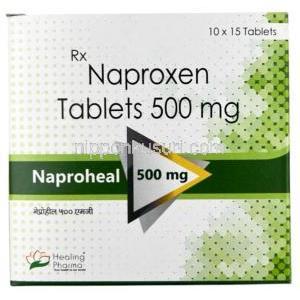 ナプロヒール, ナプロキセン 500 mg, 製造元：Healing Pharma India Pvt Ltd, 箱表面