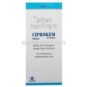 シプロケム静脈点滴液, シプロフロキサシン 1mLあたり 2 mg, 静脈点滴液 100 mL, 製造元：Alkem Laboratories Ltd, 箱表面