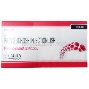 フェロカド 注射, アスコルビン酸第一鉄 30 mg/ 葉酸 550 mg,  バイアル 5 mL, 製造元：Cadila Pharmaceuticals Ltd, 箱表面