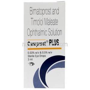 ケアプロストプラス 点眼薬, ビマトプロスト0.03%/ チモロール 0.5%  点眼薬  3 mL, 製造元：Sun Pharma, 箱, ボトル