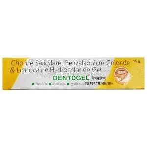 デントゲル,サリチル酸コリン 8.7%/ リドカイン 2% 15g ジェル, 製造元：Indoco Remedies Ltd,箱表面