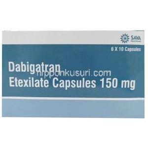 Sava社製 ダビガトラン, ダビガトランエテキシラート 150 mg, 製造元：Sava Healthcare, 箱表面