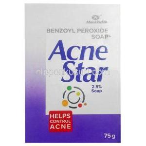 アクネスター固形石鹸(新包装), 過酸化ベンゾイル 2.5%, 固形石鹸 75g, 製造元： Mankind Pharma, 箱表面