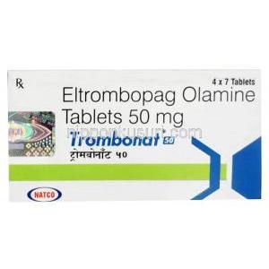 トロンボナット 50, エルトロンボパグ 50 mg, 7 錠, 製造元：Natco Pharma, 箱表面