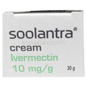 ソーラントラクリーム, イベルメクチン 1%, クリーム 30 g, 製造元：Galderma Australia, 箱側面