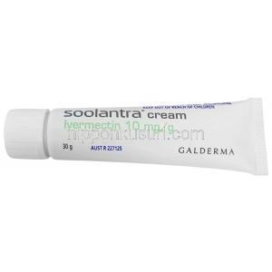 ソーラントラクリーム, イベルメクチン 1%, クリーム 30 g, 製造元：Galderma Australia, チューブ表面