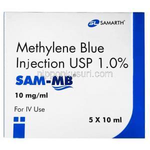 サムMB 注射, メチレンブルー,10 mg/mL, 5 アンプル, 製造元：T.Walker's Pharmaceuticals PVT.Ltd, 箱表面