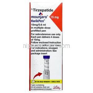 マンジャロ・クイックペン 15 mg, チルゼパチド0.6mLあたり 15 mg, 製造元：イーライリリー・アンド・カンパニー インド, 箱表面