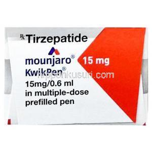 マンジャロ・クイックペン 15 mg, チルゼパチド0.6mLあたり 15 mg, 製造元：イーライリリー・アンド・カンパニー インド, 箱上面