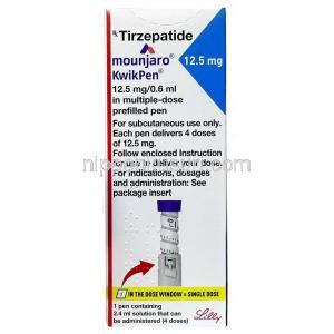 マンジャロ・クイックペン 12.5 mg, チルゼパチド0.6mLあたり 12.5 mg, 製造元：イーライリリー・アンド・カンパニー インド, 箱表面