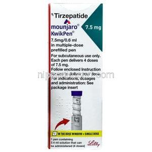 マンジャロ・クイックペン 7.5 mg, チルゼパチド0.6mLあたり 7.5 mg, 製造元：イーライリリー・アンド・カンパニー インド, 箱表面